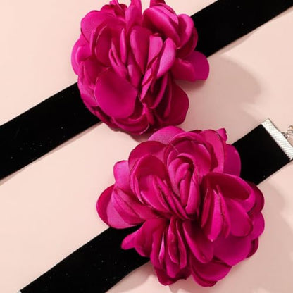 Rose Black Velvet Floral Choker Necklace - Camellia Daisy Rosette - Spring Summer Flower Jewelry - color: Hot Pink