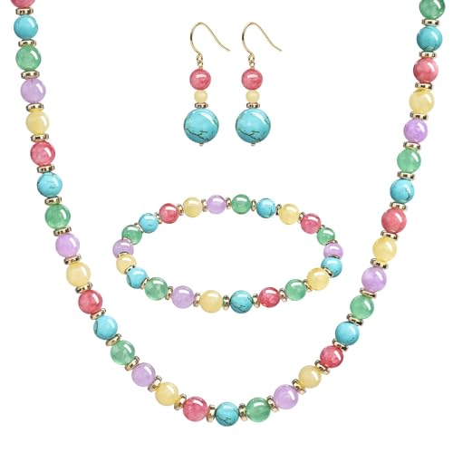 Beaded Necklaces for Women 3Pcs Colorful Boho Gemstone Bead Choker Summer Natural Stone Surfer Beach Bead Necklace Bracelets Earring Set Handmade Jewelry for Women Gift Jewelry Sets - color: Rainbow