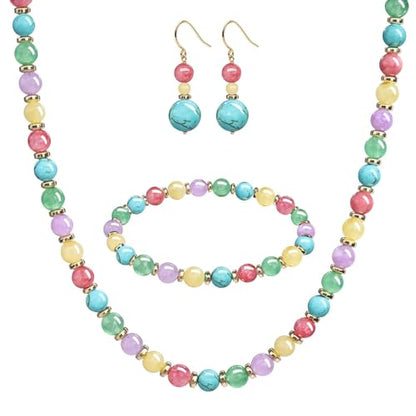 Beaded Necklaces for Women 3Pcs Colorful Boho Gemstone Bead Choker Summer Natural Stone Surfer Beach Bead Necklace Bracelets Earring Set Handmade Jewelry for Women Gift Jewelry Sets - color: Rainbow