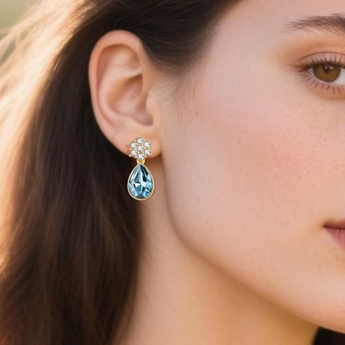 Elegant Austrian Crystal Teardrop Dangle Earrings for Women,14K Gold Plated Flower Drop Earrings Jewelry Gift for Birthday Wedding Anniversary - color: Aquamarine