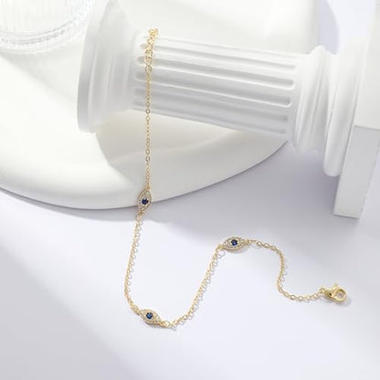 Rotnso Anklets for Women 14K Gold Silver Plated Ankle Bracelets Trendy Waterproof Boho Anklets Set Adjustable Dainty Cute Diamond Beaded Heart Non Tarnish Summer Beach Jewelry Gift - style: Evil Eye Diamond-GD