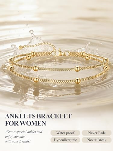 U7 Silver/Gold/Black Ankle Bracelets for Women Layered Chain Anklets | Stainless Steel Anklets Waterproof Summer Beach Anklet Charm, Adjustable 8.5"-10.5",Layered Anklet Fashion - color: Gold - Layered Ball Chain