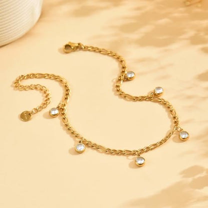 18K Gold Plated Waterproof Summer Beach Ankle Bracelets for Women | Starfish Sea Shell Pearls CZ Diamond Dangle Anklets - style: 6 CZ Drop-Gold