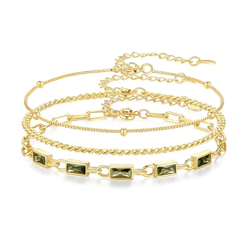 Gold Birthstone Bracelet for Women, 18K Gold Plated Layered Jewelry Bracelet Set, Womens Dainty Stackable Bracelets Link Paperclip Chain Valentines Day Gift for Wife Her - color: Gold-08-Aug.