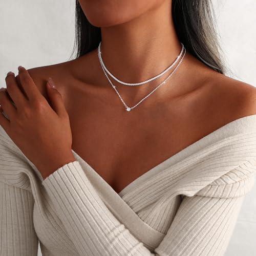 MIDEEO Gold Layered Necklaces for Women, 14K Plated Gold Sterling Silver Plated Dainty Pendant Non Tarnish Necklace Set with Cubic Zirconia,Stackable Chain Choker,Trendy Jewelry Gift