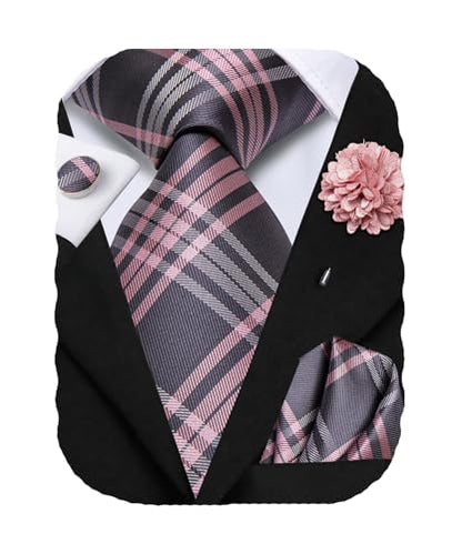 Hi-Tie Men's Silk Ties Formal Woven Classic Necktie Pocket Square Cufflinks Lapel Pin Set Wedding Business - color: A Grey and Pink