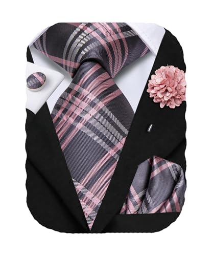 Hi-Tie Men's Silk Ties Formal Woven Classic Necktie Pocket Square Cufflinks Lapel Pin Set Wedding Business - color: A Grey and Pink