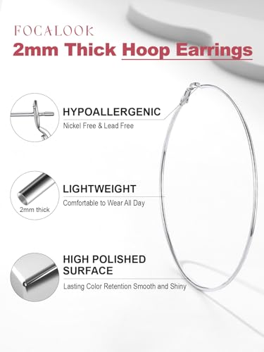 FOCALOOK 14K Gold Plated Lightweight Large Hoops| 2mm Thin Hoop Earrings for Women 30/40/50/70/100mm - color: 01.Silver, size: 100mm