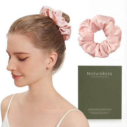 100% Mulberry Silk Hair Ties, Silk Hair Scrunchies for Women, No Damage for Curly Hair (Blush pink,L) - color: Color 04