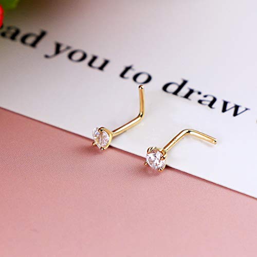 14K Real Gold Nose Studs 20G Nose Rings Studs L Shaped Nose Rings for Women Men Diamond CZ Nose Piercing - color: Yellow Gold-Heart CLCZ