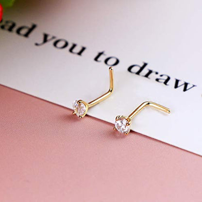 14K Real Gold Nose Studs 20G Nose Rings Studs L Shaped Nose Rings for Women Men Diamond CZ Nose Piercing - color: Yellow Gold-Heart CLCZ