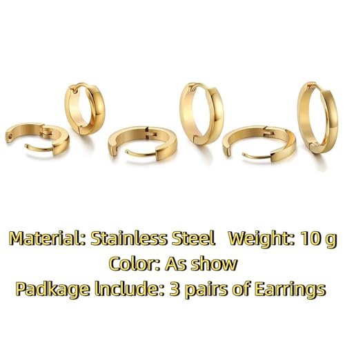 3 Pairs Stainless Steel Hoop Earrings for Men & Women | Minimalist Gold Plated Small Hinged Segment Ring Hypoallergenic Huggie Ear Cartilage Helix Tragus Piercing Jewelry 9/12/14mm