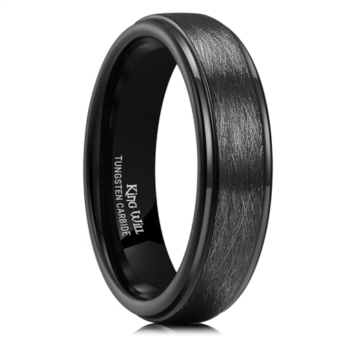 King Will Classic Tungsten Carbide Ring Brushed Two Grooved Center Hammered Design Mens Wedding Band for Men | Black/Silver/Gold, 8mm, Men's Wedding Band, Grooved, Comfort Fit, Everyday Wear - color: C-Black 6mm