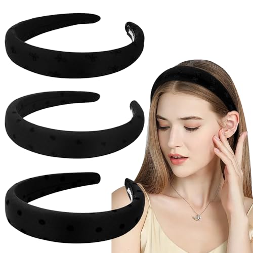 3Pcs Padded Headband for Women Girls Black Headband Set Non Slip Heart Polka Dot Bow Hairbands Cute Soft Puffy Hair Band Fashion Headbands for Long Short Thick Thin Curly Hair Accessories Gifts - color: Bb 3Pcs Black Padded