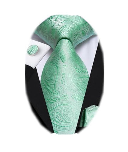 Dubulle Mens Paisley Striped Tie Woven Necktie for Men and Handkerchief Cufflinks Set Wedding Formal Business - color: B Mint Green