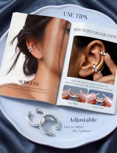 Subiceto 925 Sterling Silver Ear Cuffs Non Piercing - Adjustable Hypoallergenic 14K Gold Plated Clip On Earrings for Women Cubic Zirconia Silver Ear Cuff Helix Cartilage Fake Piercing - color: 01 Wide Silver Tone