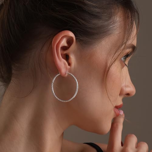 LeCalla 925 Sterling Silver Hoop Earrings for Women | Lightweight Classic Diamond-Cut Textured Hoop Earring | Women's Earring Hoops Size 20/25/30/35/40MM - color: 40MM / Tube-2mm