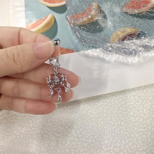 14G Boho Dangle Belly Button Ring, Stainless Steel Tassel Crystal Love Heart Chandelier Navel Piercing Barbell Belly Rings Body Piercings Jewelry for Women - color: Silver