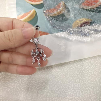 14G Boho Dangle Belly Button Ring, Stainless Steel Tassel Crystal Love Heart Chandelier Navel Piercing Barbell Belly Rings Body Piercings Jewelry for Women - color: Silver