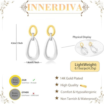 Antique Gold Hammered Disc Drop Earrings Boho Earrings with Two Tone Jewelry Gift - color: EH22208A