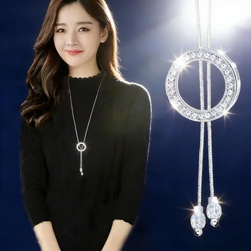 Long Sweater Necklace for Women, Silver Tone Crystal Circle Pendant, Elegant Snake Chain Fashion Jewelry for Dress & Top