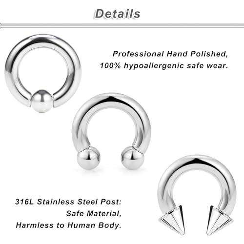 00G 0G 2G 4G 6G 8G 10G 12G 14G 16G Septum Rings Silver Black Surgical Steel Heavy Gauges Earrings Stretching kit Eyebrow Lip Septm Nose Rings Helix Tragus Daith Rook Earrings Hoops 10mm-19mm - color: Silver, size: 10G(2.5mm)-Inner Dia:12mm