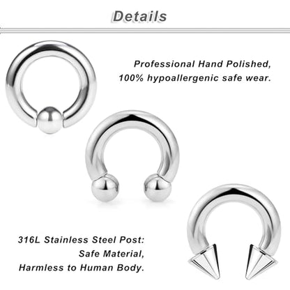00G 0G 2G 4G 6G 8G 10G 12G 14G 16G Septum Rings Silver Black Surgical Steel Heavy Gauges Earrings Stretching kit Eyebrow Lip Septm Nose Rings Helix Tragus Daith Rook Earrings Hoops 10mm-19mm - color: Silver, size: 10G(2.5mm)-Inner Dia:12mm
