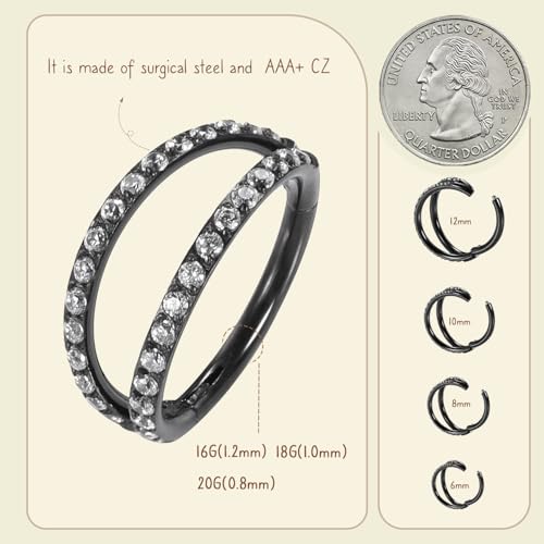 AROWRO Conch Piercing Jewelry Nose Rings Hoops Septum Cartilage Helix Rook | Surgical Steel Gold Silver Cartilage Earrings for Women Tragus Helix Piercing Jewelry 16G 18G 20G With Cubic Zirconia Opal - color: Black-D1 Clear CZ, size: 20G(0.8mm)-6mm