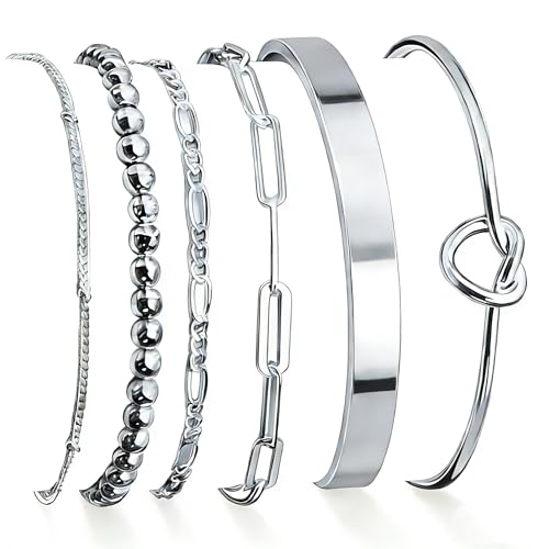 6Pcs Gold Bangle Bracelets for Women 14K Gold Plated Non Tarnish Waterproof Fashion Trendy Stackable Chunky and Thin Bracelet Sets for Women - color: Sliver