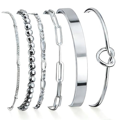 6Pcs Gold Bangle Bracelets for Women 14K Gold Plated Non Tarnish Waterproof Fashion Trendy Stackable Chunky and Thin Bracelet Sets for Women - color: Sliver
