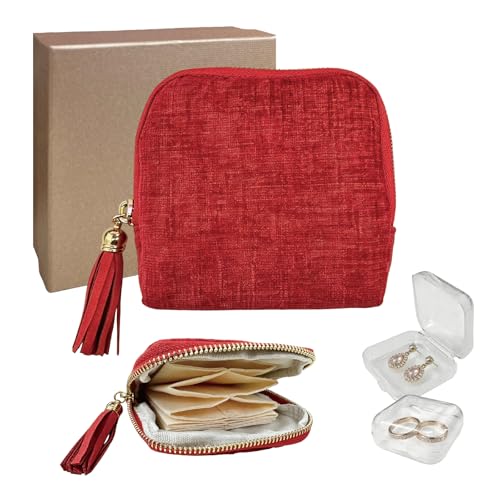 Small Travel Jewelry Case with Earring Box Mini Jewelry Case | 6 Individual Layers Portable Chenille Travel Jewelry Organizer Pouch for Bangle Necklace Bracelet, Gifts for Women, Red - color: Red