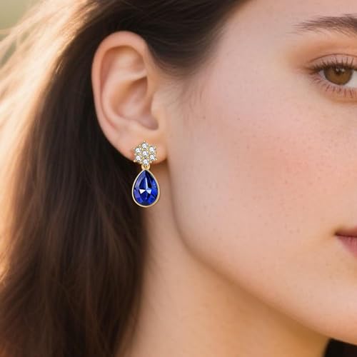 Elegant Austrian Crystal Teardrop Dangle Earrings for Women,14K Gold Plated Flower Drop Earrings Jewelry Gift for Birthday Wedding Anniversary - color: Sapphire