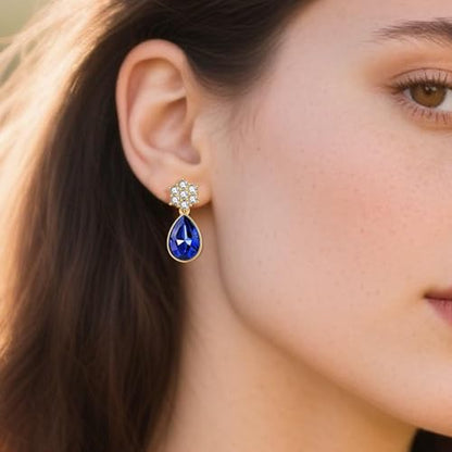 Elegant Austrian Crystal Teardrop Dangle Earrings for Women,14K Gold Plated Flower Drop Earrings Jewelry Gift for Birthday Wedding Anniversary - color: Sapphire