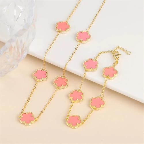 14K Gold-Filled Clover Necklace For Women - Classic Five-Leaf Flower Set Bracelet Necklace Earrings Jewelry Set, Five Leaf Clover Necklaces Dainty Lucky Clover Jewelry - color: Pink - Clover Necklace