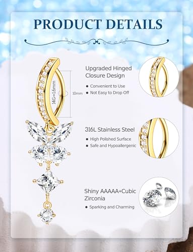 JOERICA 6 Pcs 14G Clicker Belly Button Ring for Women 316L Surgical Steel Butterfly Snake Evil Eye Heart CZ Opal Dangle Belly Button Rings Simple Reverse Navel Rings Body Belly Piercing Jewelry - color: Gold Tone B
