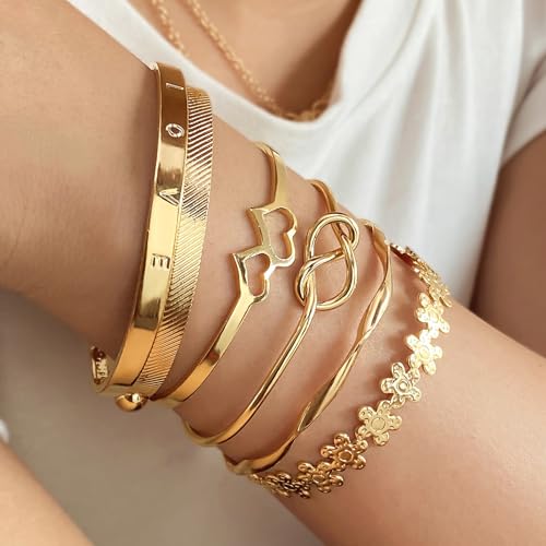 IFKM Gold Bangle Bracelets For Women, 14k Gold Plated Multi Layer Stackable Cuff Bracelet Set, Trendy Elegance Charms Non Tarnish Minimalist Textured Boho Jewelry Gift for Women - style: 6pcs LOVE Flower