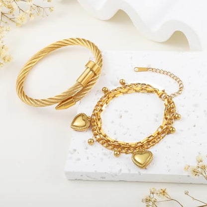 2PCS 18K Gold Plated Nail Bangle & Chain Bracelet Set for Women, Adjustable Stackable Bangle Jewelry, Dainty Gold Bracelet Gift for Women - color: Set F