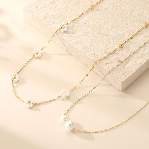 Gold Pearl Necklaces for Women Trendy, Fashionable 18K Gold Plated Dainty Necklace Simple Layered Pearl Necklaces for Women Trendy Wedding Birthday Jewelry - color: 2 Pearls