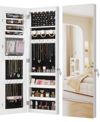 Wall Door Mounted Jewelry Cabinet 6 LED Jewelry Mirror Storage Organizer | Over the Door Jewelry Armoire Organizer, Lockable Full Length Mirror Hanging Jewelry Storage for Women (White-pro) - color: White pro