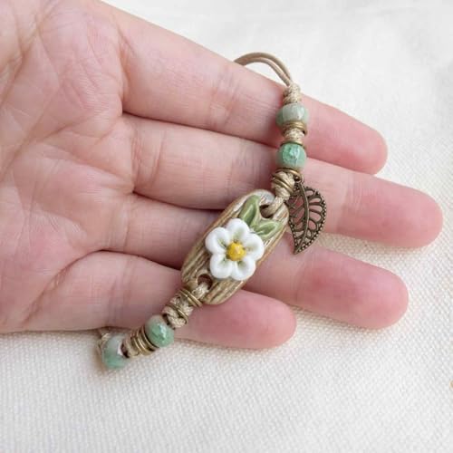 Handcrafted Bohemian Ceramic Flower Bracelet with Leaf Charm, Adjustable Beaded Bracelet for Women, Unique Handmade Jewelry Gift for Nature Lovers - style: Boho