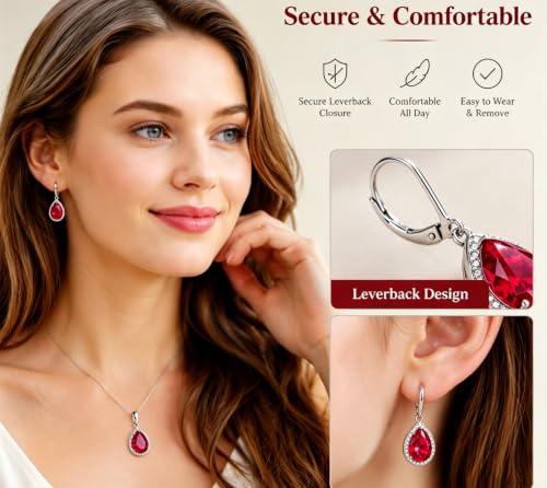 VONSSY Classic Oval Pendant Gemstone Necklace | Crystal Ruby Sapphire Waterdrop Birthstone Teardrop Emerald Necklace | 18K Platinum Gold Plated Chain | Jewelry Gift for Mother Wife Girlfriend - color: NL & ER - Red