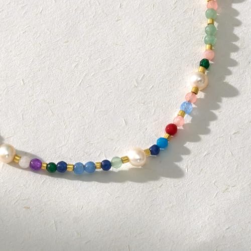 KissYan Beaded Choker Necklace for Women, Colorful Natural Gemstones Pearl Choker 14K Gold Plated Pendant Healing Crystal Necklace Handmade Stone Jewelry Gift | 14K Gold Plated Pendant Necklaces, Natural Gemstones Pearl Choker, Healing Crystal Chain, Hand