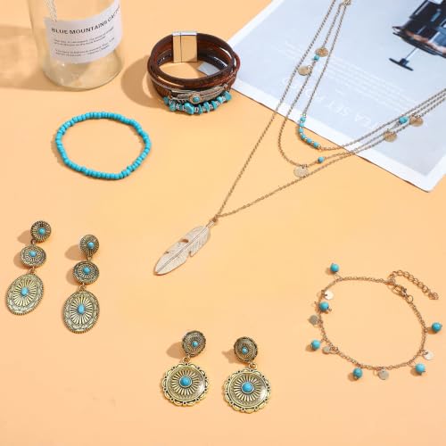NEWITIN 15 Pieces Gold Bohemian Jewelry Set for Women Turquoise Jewelry Set | Costume Gold Jewelry, Western Jewelry, Belt Chain Necklaces Bracelets Rings Earrings Set for Women Party Daily, Women Gifts - color: Dark Gold