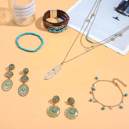NEWITIN 15 Pieces Gold Bohemian Jewelry Set for Women Turquoise Jewelry Set | Costume Gold Jewelry, Western Jewelry, Belt Chain Necklaces Bracelets Rings Earrings Set for Women Party Daily, Women Gifts - color: Dark Gold