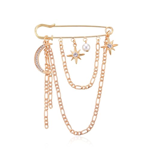 Punk Gold Silver Star Moon Tassel Chain Brooch,Vintage Crystal Moon Star Collar Pins Cubic Zirconia Sweater Shawl Clips Collar Brooch for Women - color: Gold 1