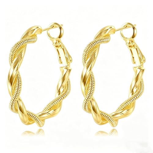 14K Gold Braided Texture Hoop Earring, 32/40mm Twist Rope Design Round Hoop Earrings for Women Gold Jewelry Gifts for women - style: Braided Earring-32mm