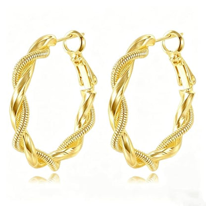 14K Gold Braided Texture Hoop Earring, 32/40mm Twist Rope Design Round Hoop Earrings for Women Gold Jewelry Gifts for women - style: Braided Earring-32mm