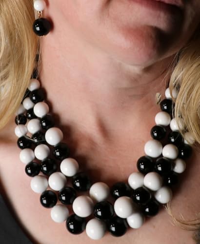 Rosemarie & Jubalee Women's 3 Colorful Multi Strands Simulated Pearl Necklace And Earrings Jewelry Gift Set, 18"+3" Extender - color: Black And White Gold Tone - Double Ball Earring