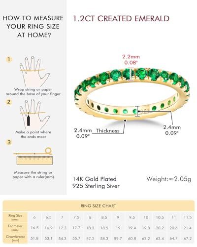 DAYBYDAY Sapphire/Emerald/Ruby Full Eternity Band Rings for Women, 2.4mm Thin Birthstone Stackable Rings, 925 Sterling Silver/14K Gold Plated Gemstone Wedding Band Anniversary Ring Size 6 to 10 - color: 05. Green Emerald, May, Gold Plated