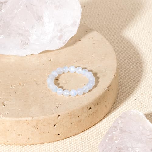 NLIEO Handmade Natural Gemstone Crystal Beaded Stretch Band Ring for Women | Handmade, 3mm Natural Stone, Size 7-12, Stretchy, Beaded Jewelry, Green Bead Rings, Trendy Jewelry Gift - style: Moonstone